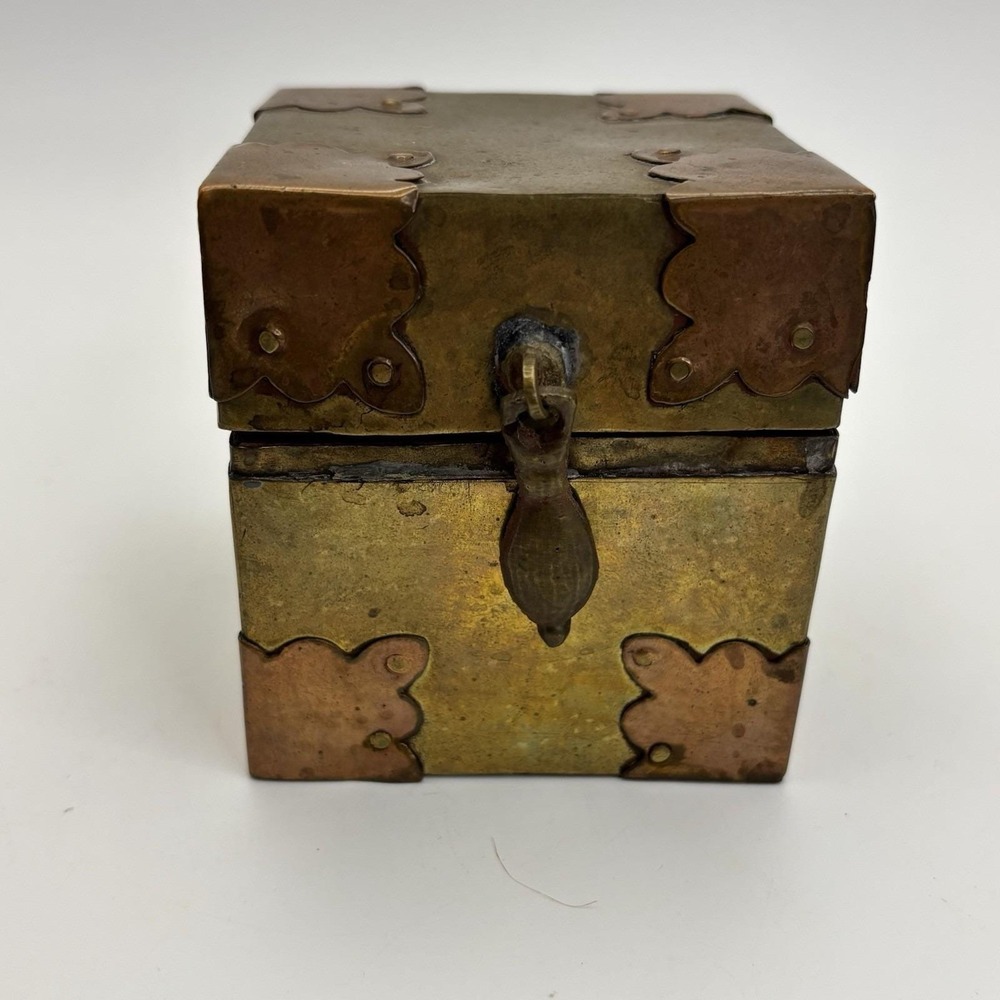 Vtg Brass‎ Copper Box Wood Lined  Hand Crafted Brass Fitted Made In India Patina